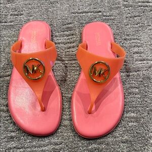 Michael Kors Womens Lillie Jelly Thong Sandals Size 9 Vibrant Coral/Gold MK Logo